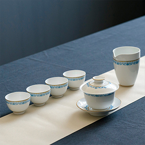 古鎮陶瓷 景德鎮功夫茶具套裝茶道茶杯泡茶家用實木茶道杯整套套裝 新中式簡藍套組